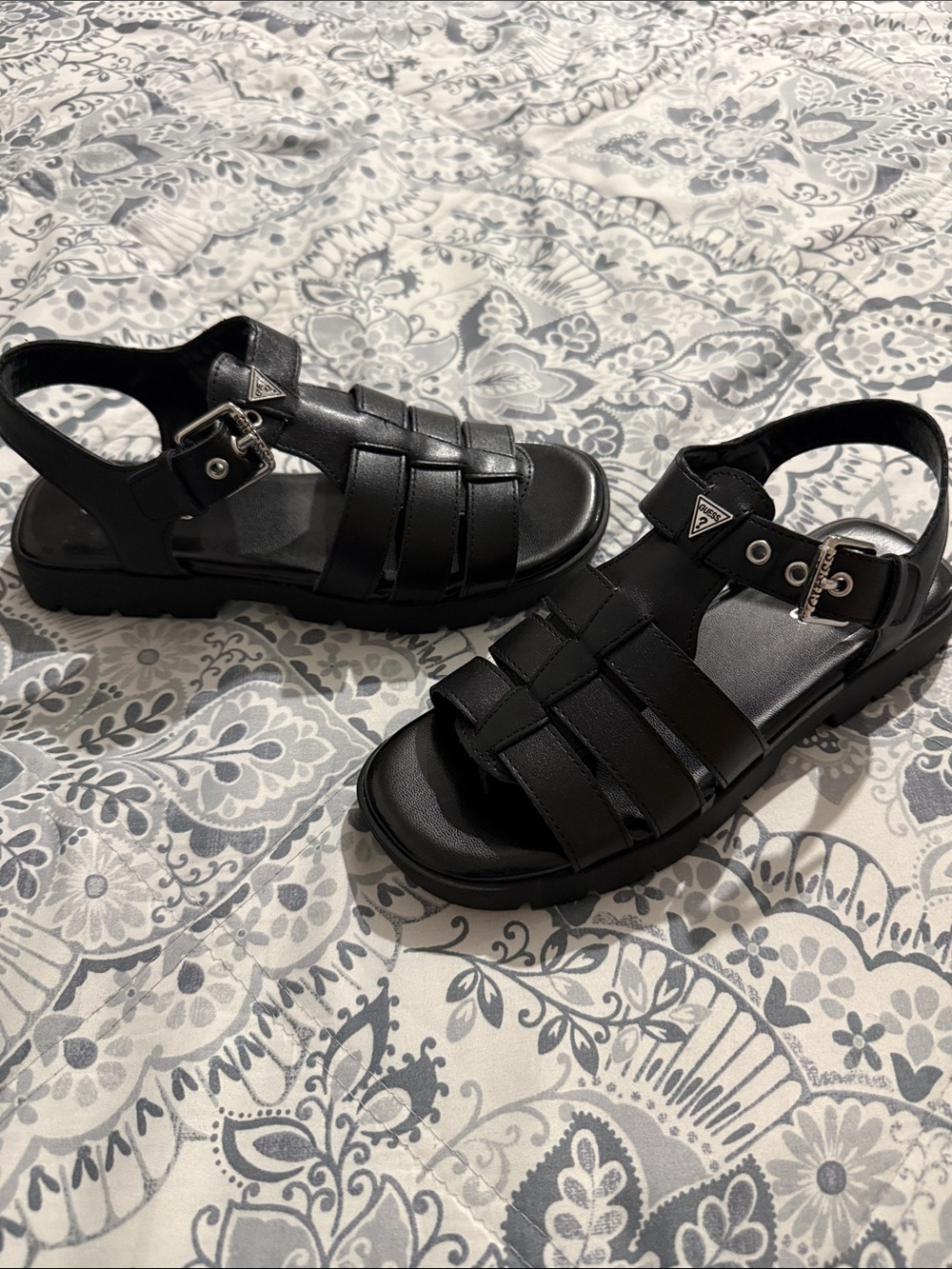 Guess Black Woven-Strap Buckle Sandals